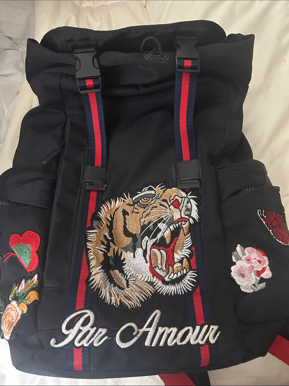 Like Gucci Black Embroidered Tiger Roll-Top Backpack with Red-Blue Straps